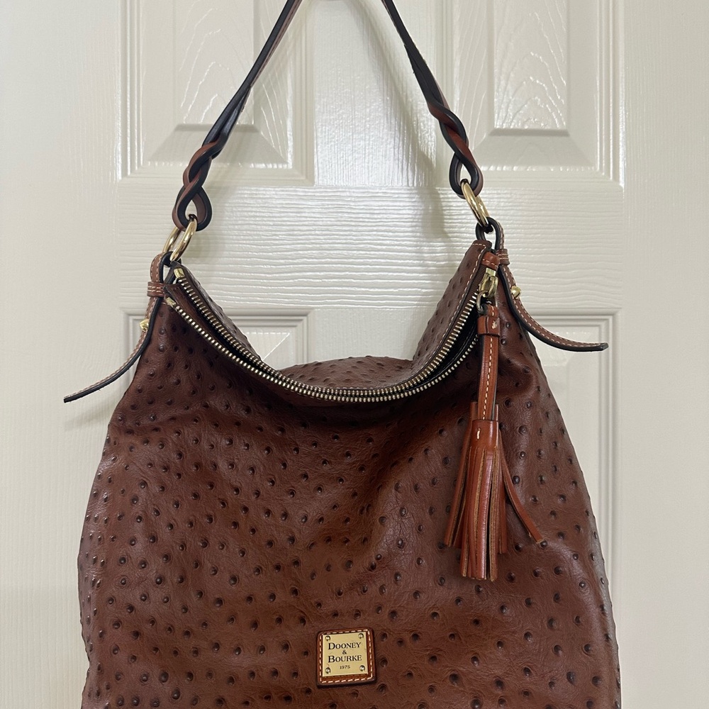 Dooney & Bourke Brown Ostrich-Embossed Hobo with Tassel